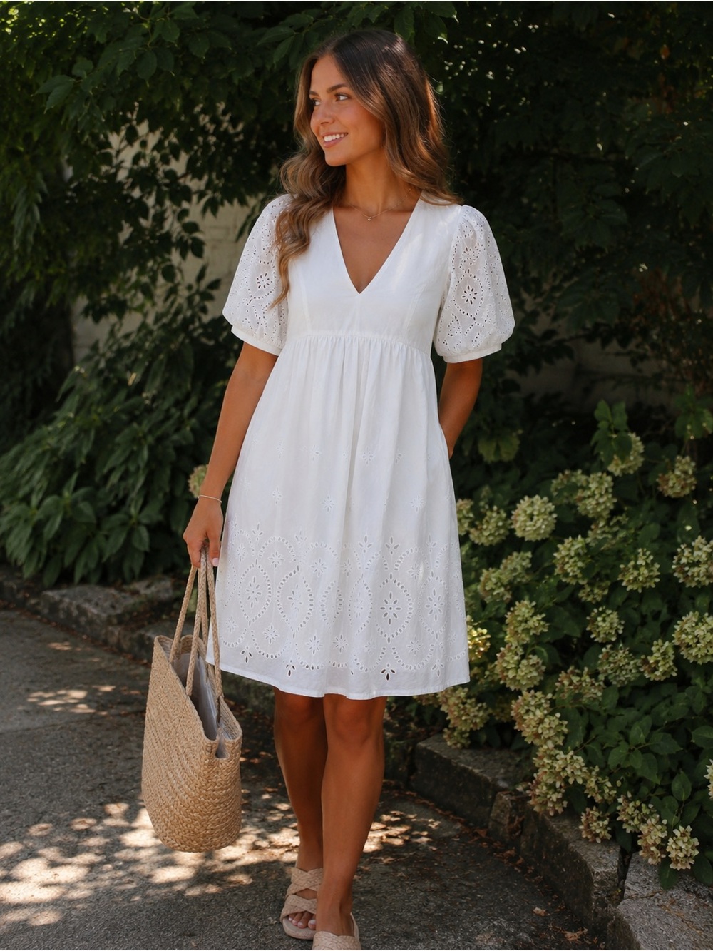 100% Cotton Cottage Coastal White Eyelet Dress Classic Summer Boho NWT Size L